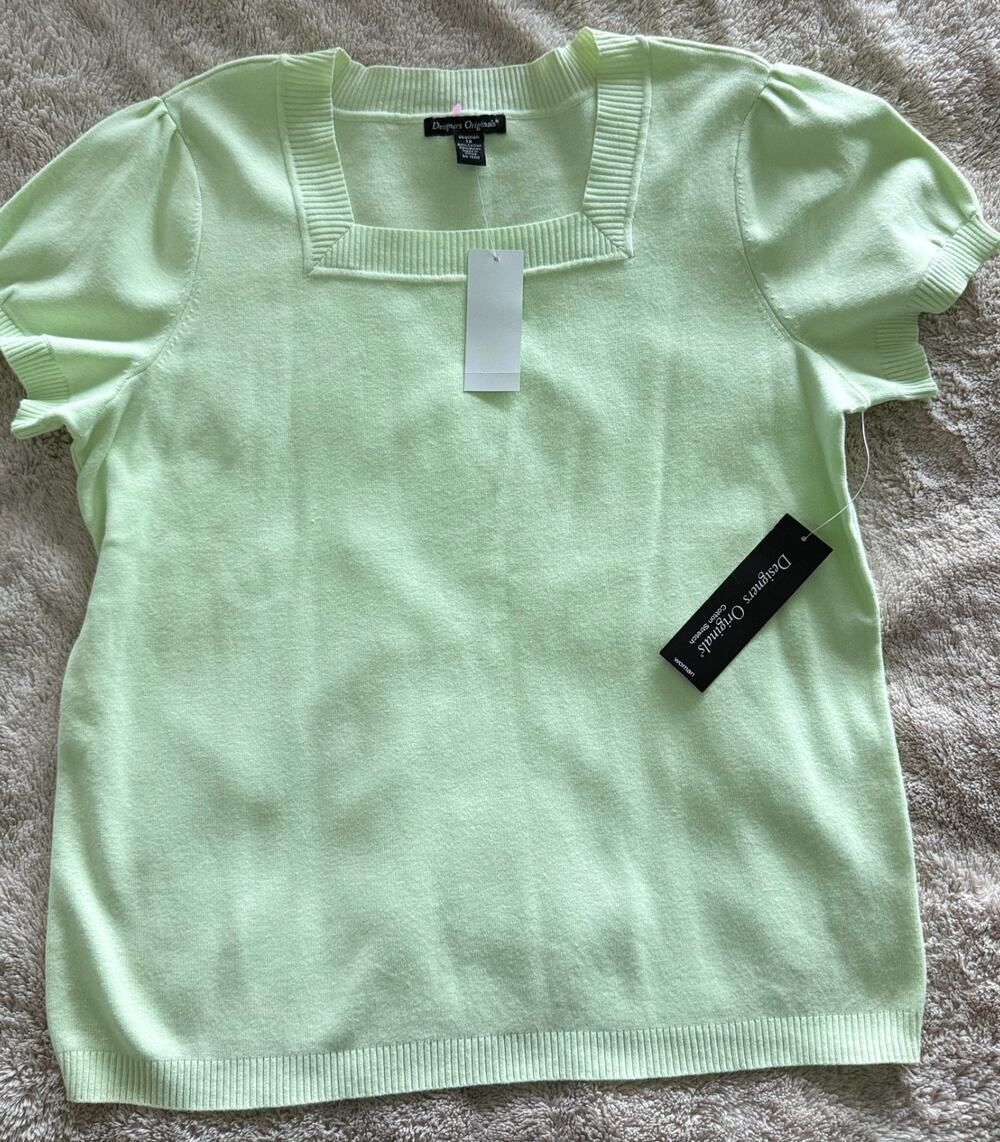 Designers Originals Women XL Mint Green Square Neck Knit Top Short Sleeve NWT